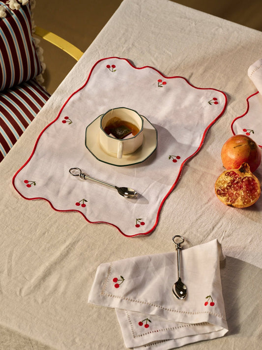 White linen placemat with embroidered cherries – view 2