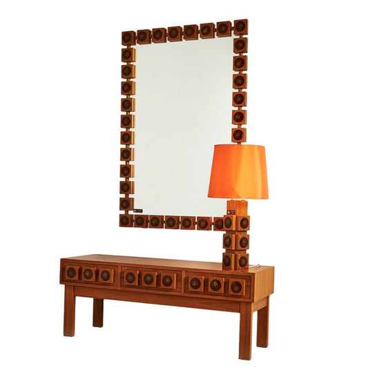Vintage walnut hall set with mirror and lamp – view 2