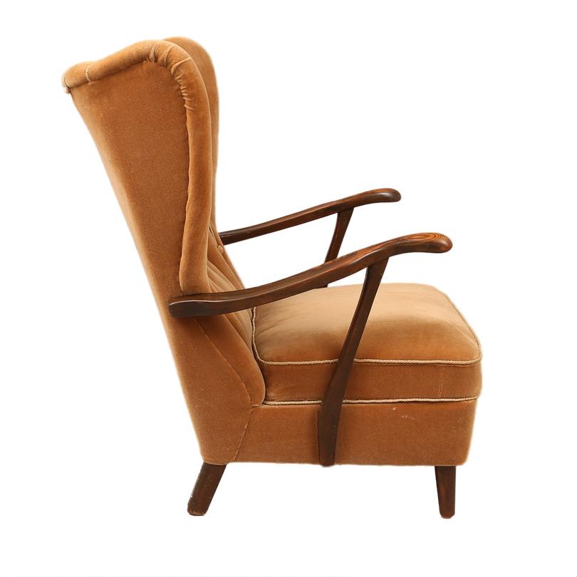 Wingback Armchair in Light Brown Velvet, Mid-20th Century