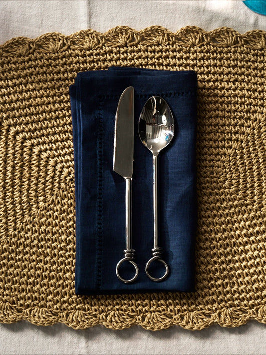 Pair of deep blue linen napkins with hemstitch – view 2