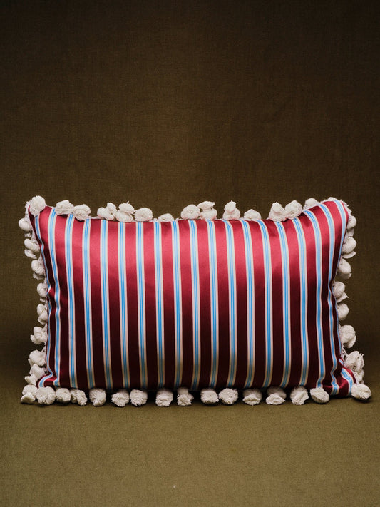 Eggplant striped cushion with white tassel fringe – view 2