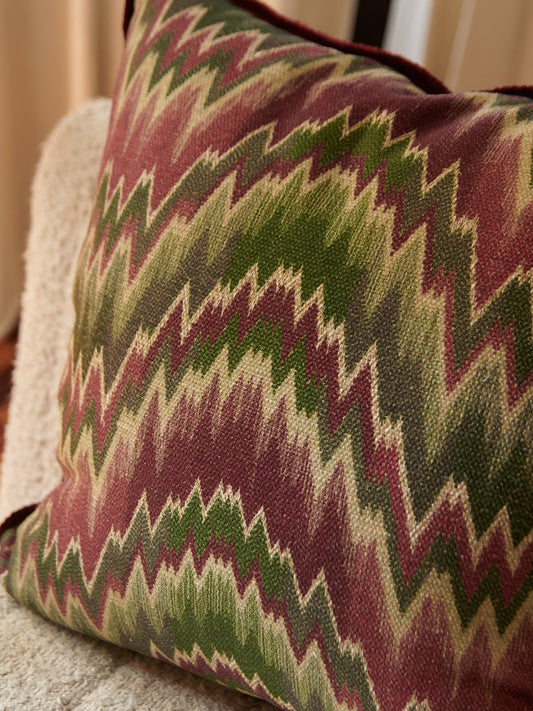 Purple herringbone cushion with velvet cord – view 2