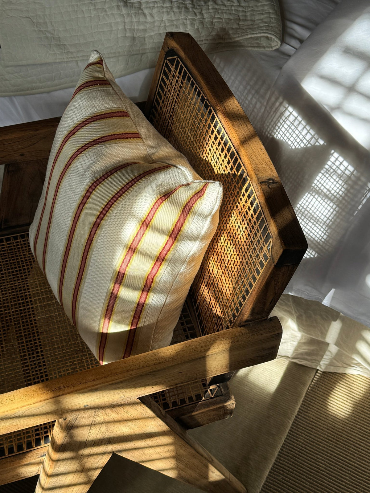 Striped cushion in red, mustard and beige – view 2