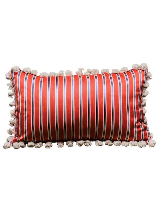 Tomato striped cushion with white tassel fringe – view 3
