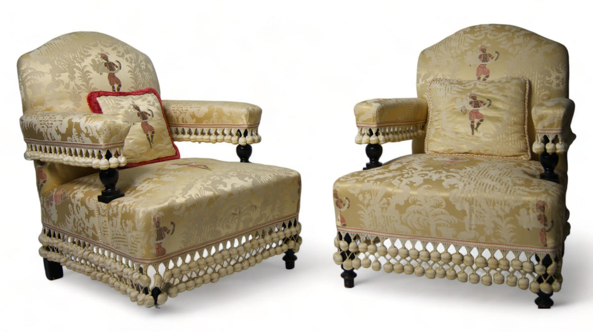 Pair of Victorian Armchairs in Original Silk, circa 1850