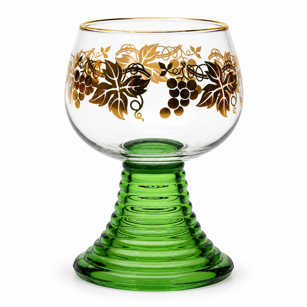 Set of Six Roemer Wine Glasses, Green Beehive Stem and Gold Vine Decoration