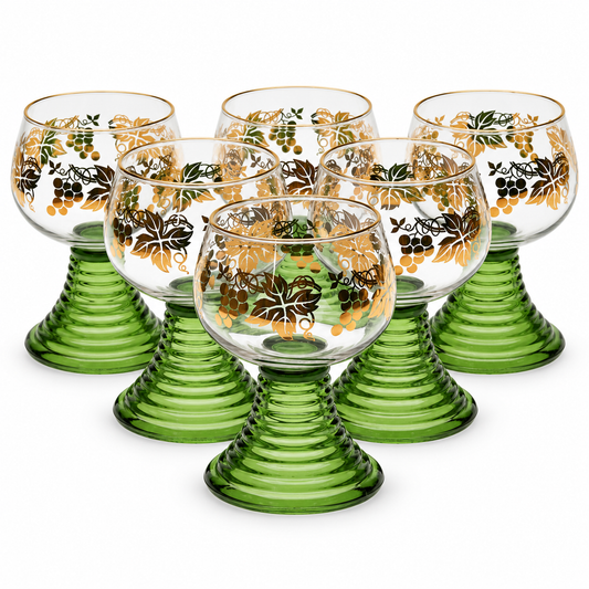 Set of Six Roemer Wine Glasses, Green Beehive Stem and Gold Vine Decoration