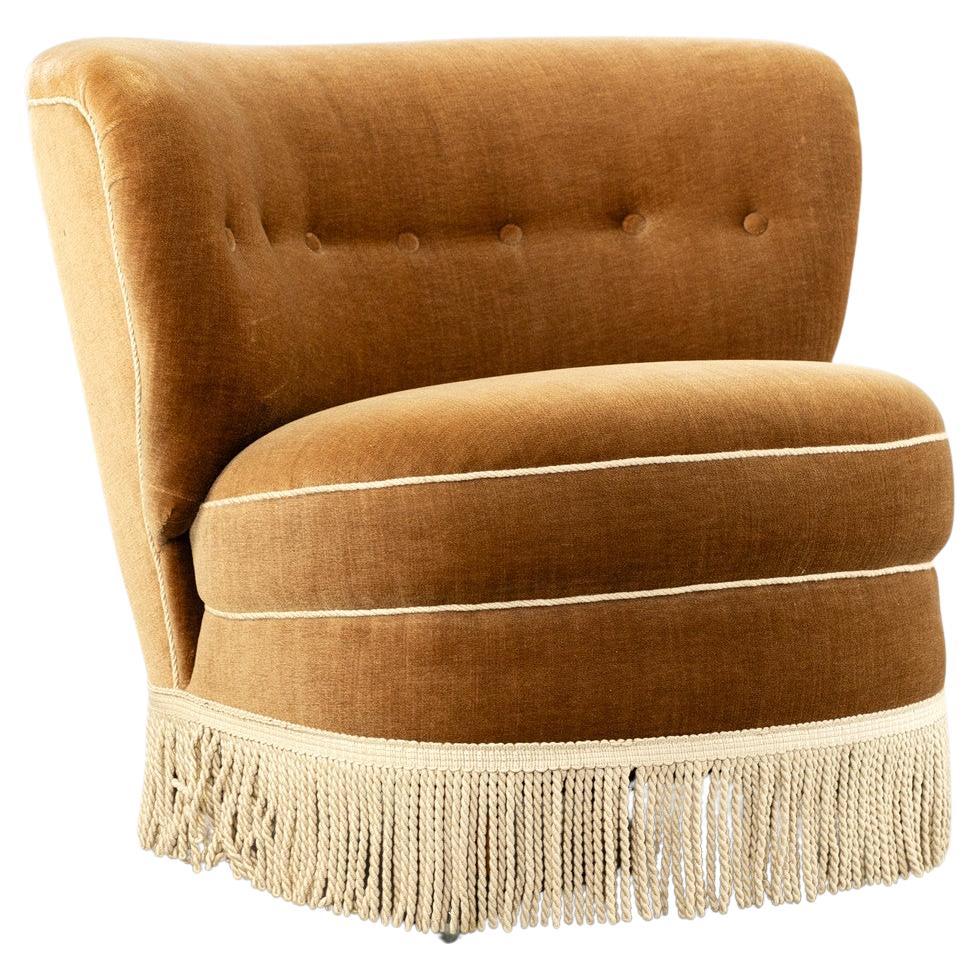 Cocktail Chair in Beige Velvet with Fringes, 1940s