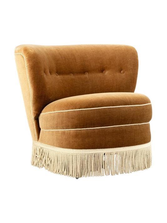 Cocktail Chair in Beige Velvet with Fringes, 1940s