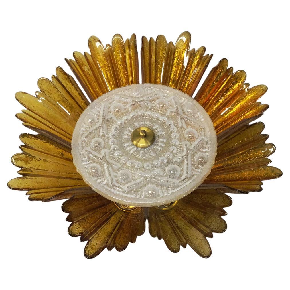 Flush Mount Ceiling Light in Folded Glass and Brass, circa 1970