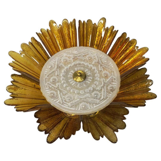 Flush Mount Ceiling Light in Folded Glass and Brass, circa 1970
