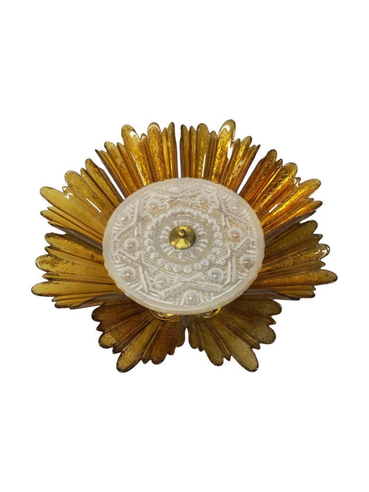 Flush Mount Ceiling Light in Folded Glass and Brass, circa 1970