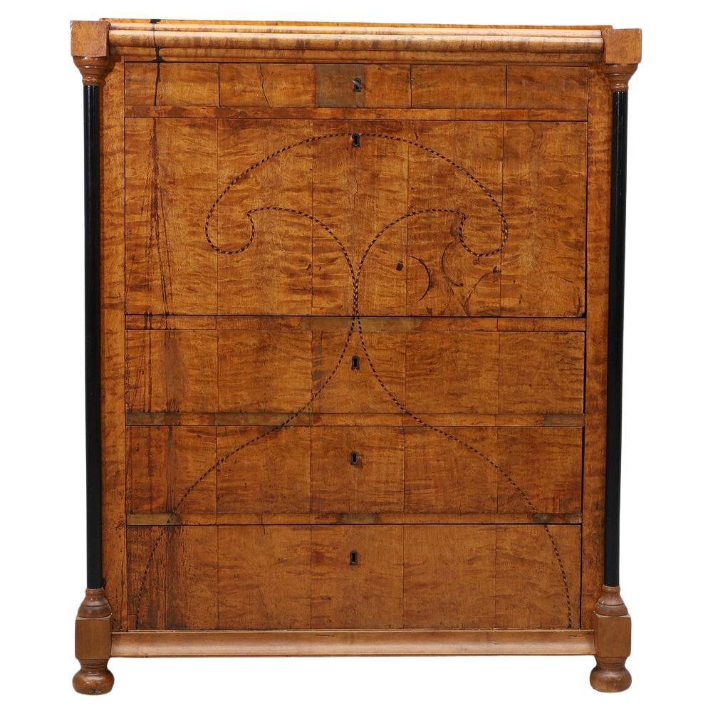 19th-Century Birch Secretary with Intarsia, circa 1840
