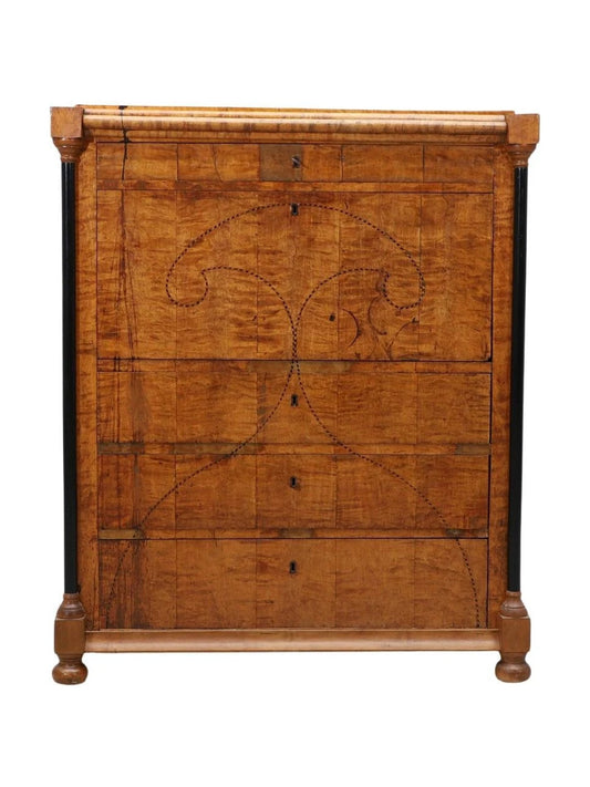 19th-Century Birch Secretary with Intarsia, circa 1840