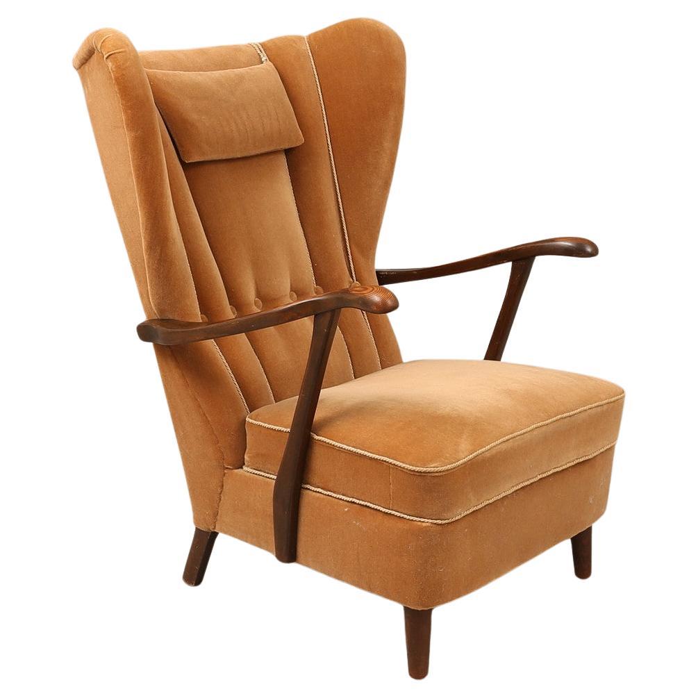 Wingback Armchair in Light Brown Velvet, Mid-20th Century