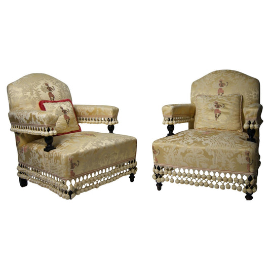 Pair of Victorian Armchairs in Original Silk, circa 1850