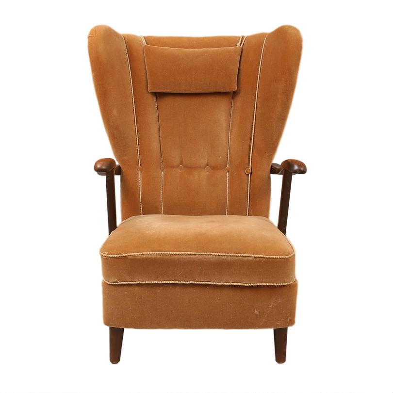 Wingback Armchair in Light Brown Velvet, Mid-20th Century