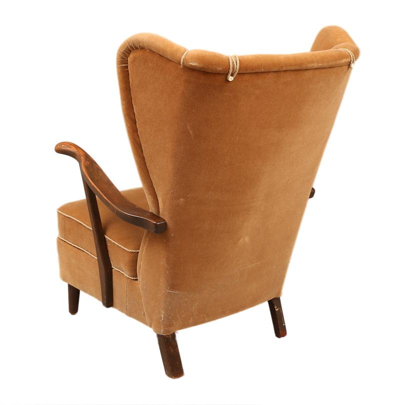 Wingback Armchair in Light Brown Velvet, Mid-20th Century