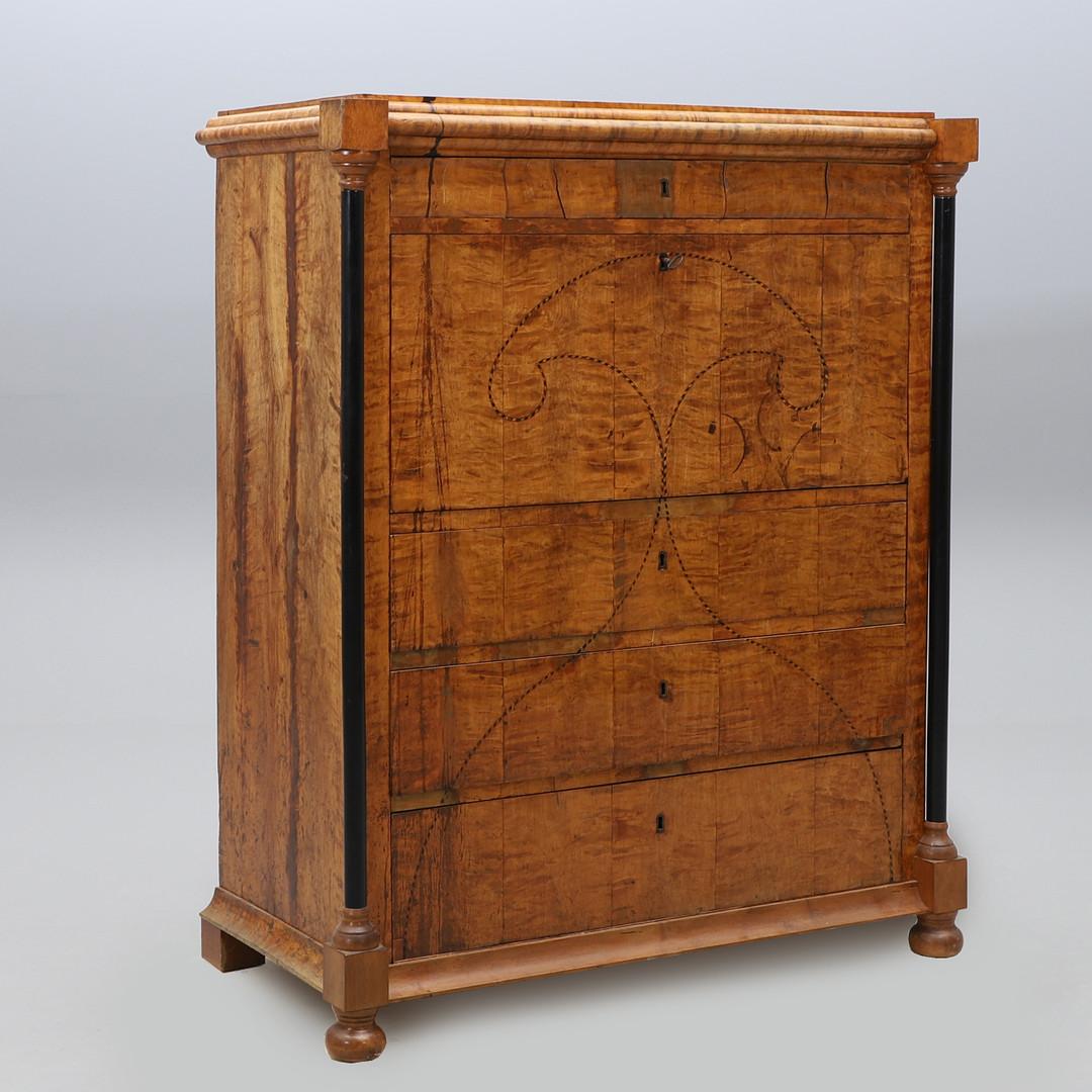 19th-Century Birch Secretary with Intarsia, circa 1840