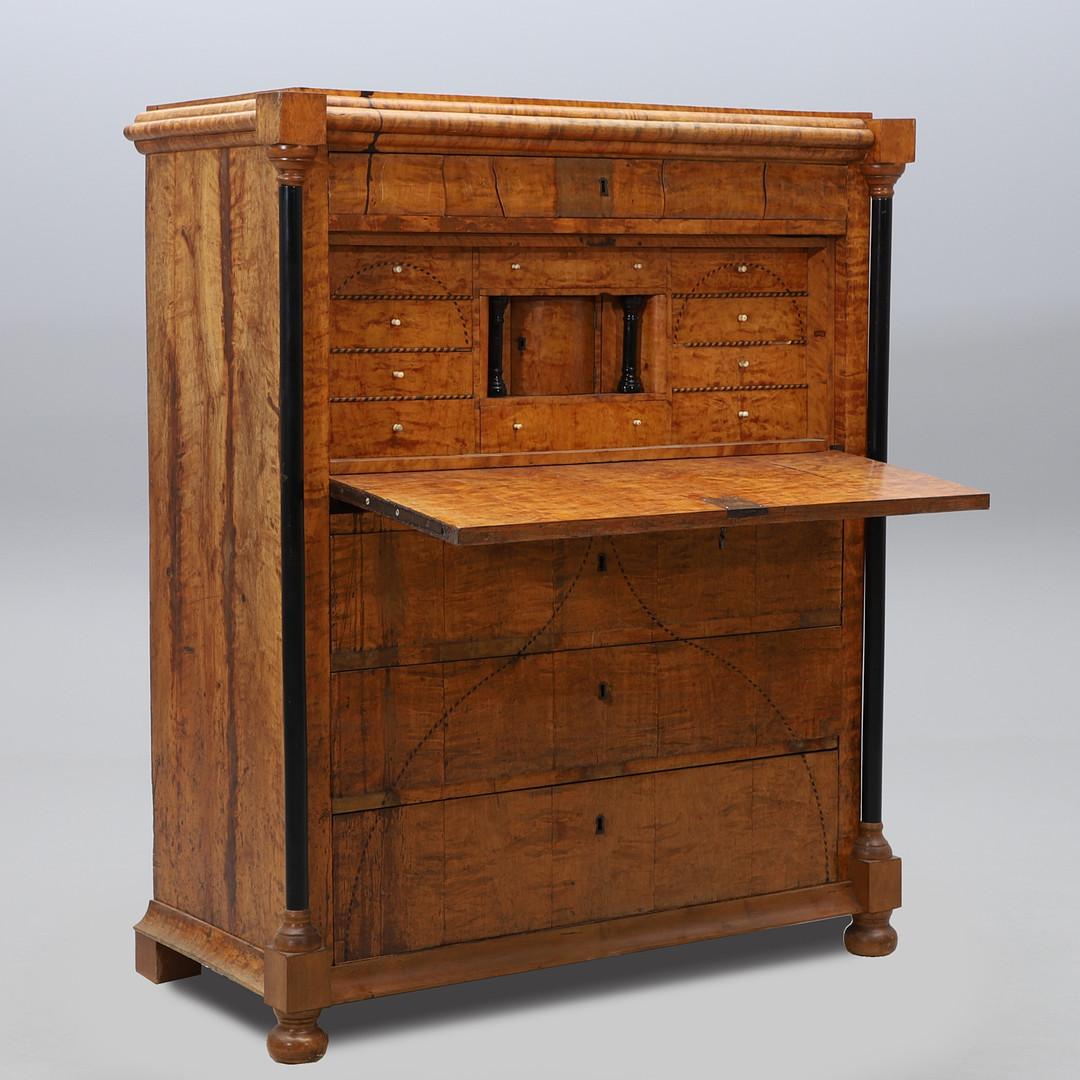 19th-Century Birch Secretary with Intarsia, circa 1840