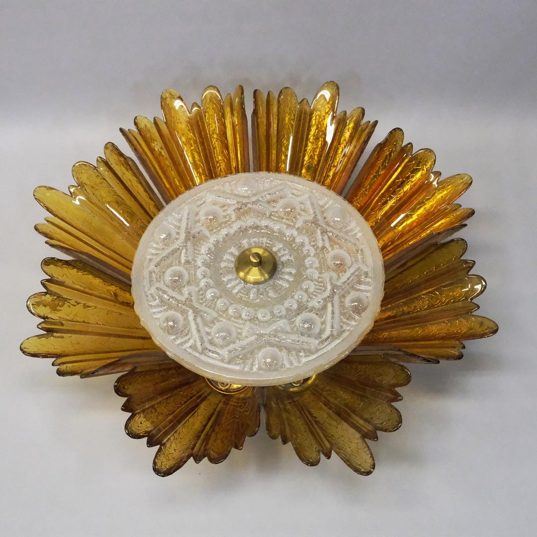 Flush Mount Ceiling Light in Folded Glass and Brass, circa 1970