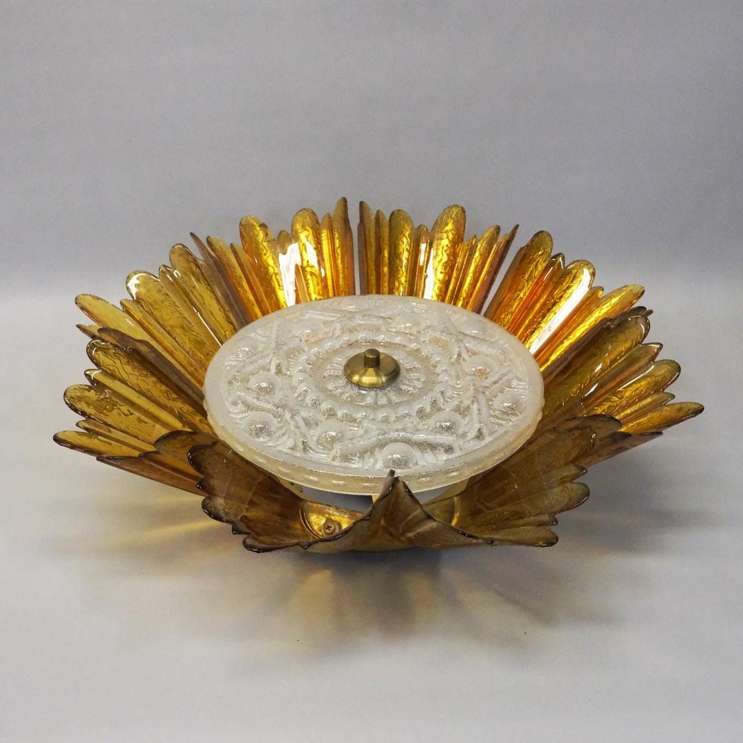 Flush Mount Ceiling Light in Folded Glass and Brass, circa 1970