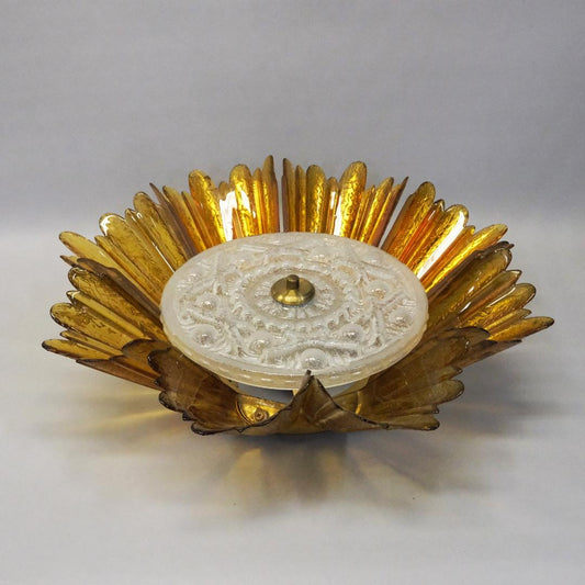 Flush Mount Ceiling Light in Folded Glass and Brass, circa 1970