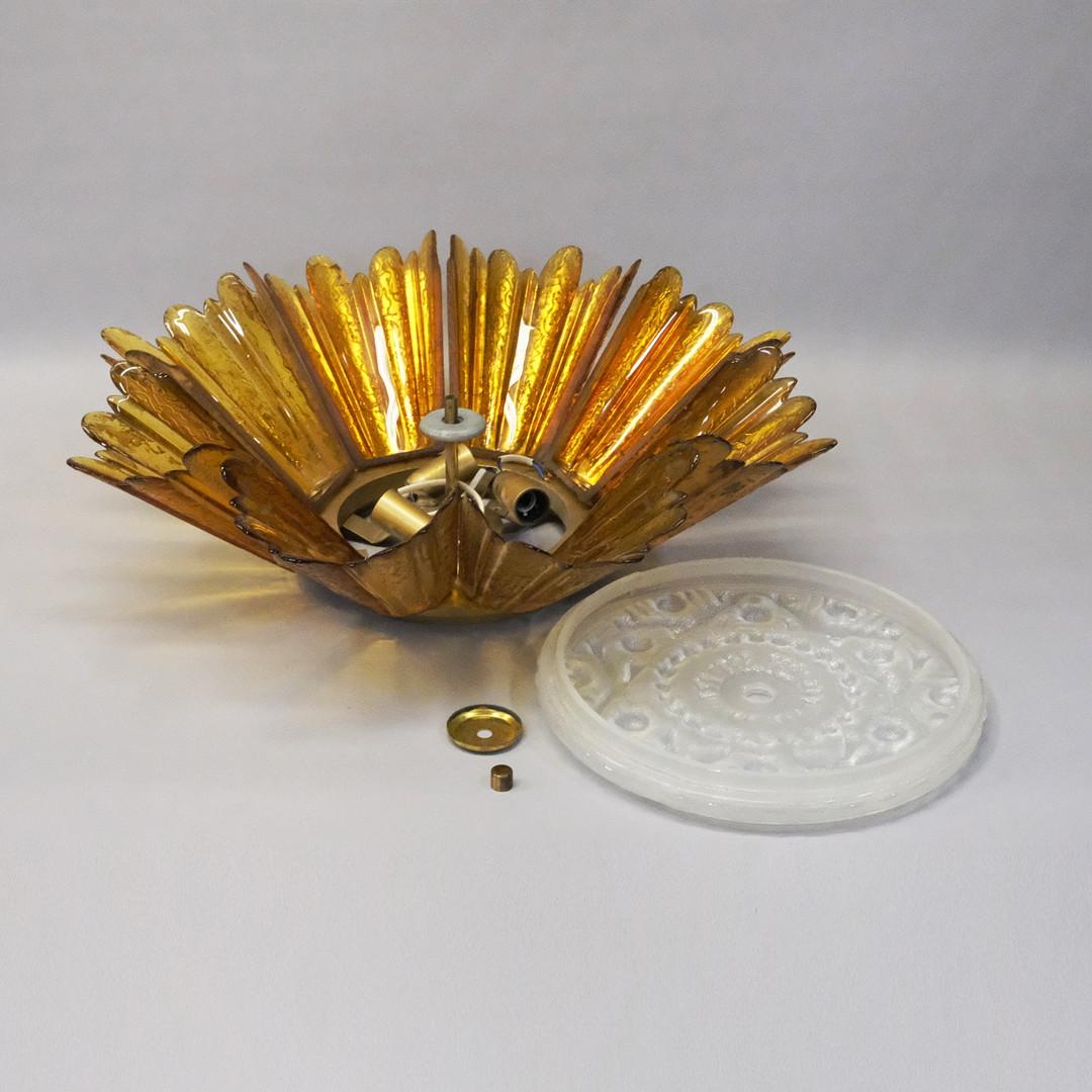 Flush Mount Ceiling Light in Folded Glass and Brass, circa 1970