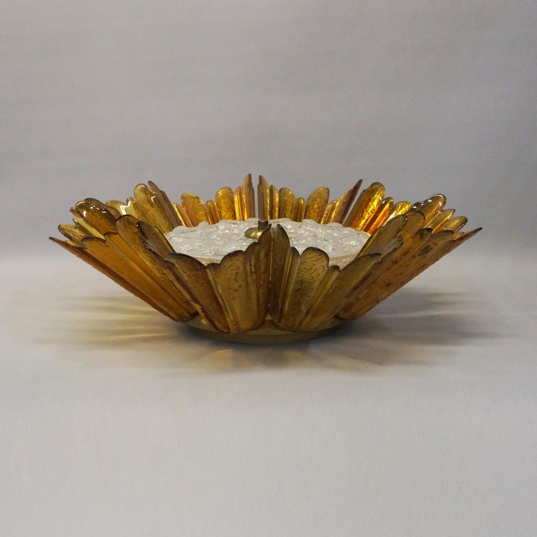 Flush Mount Ceiling Light in Folded Glass and Brass, circa 1970
