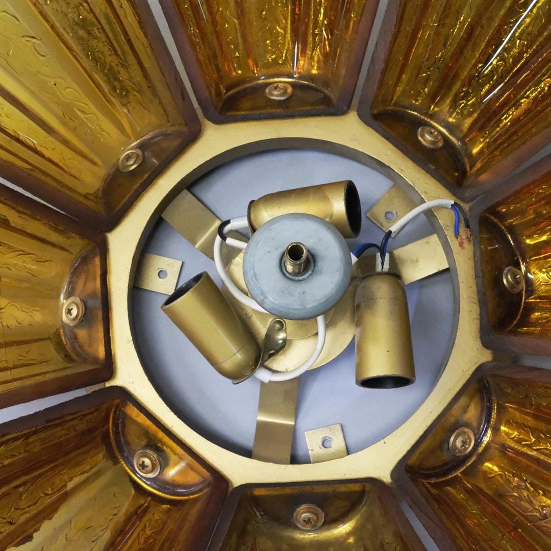 Flush Mount Ceiling Light in Folded Glass and Brass, circa 1970