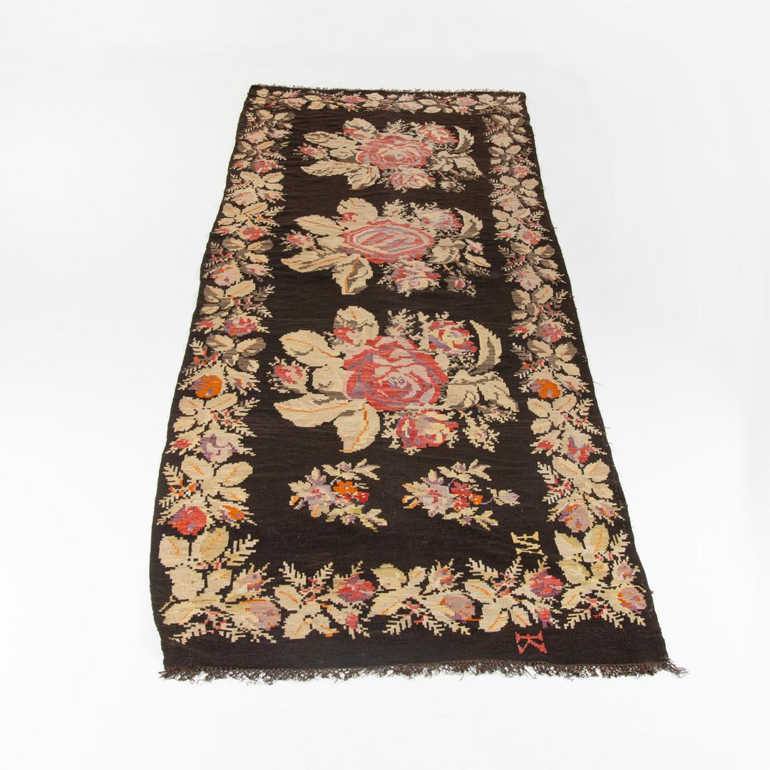 Mid-Century Wool Rug with Roses, 430 × 150 cm