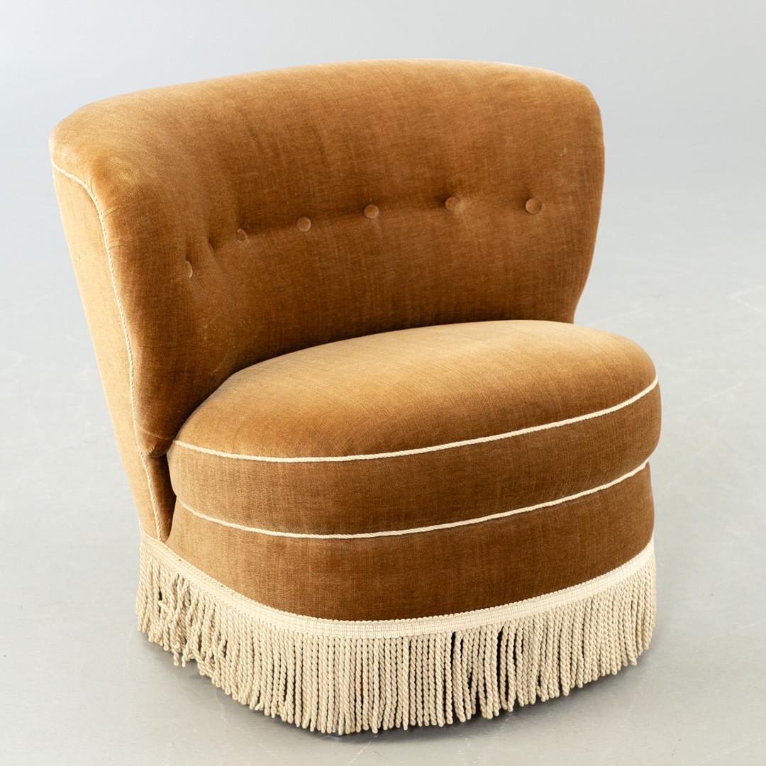 Cocktail Chair in Beige Velvet with Fringes, 1940s