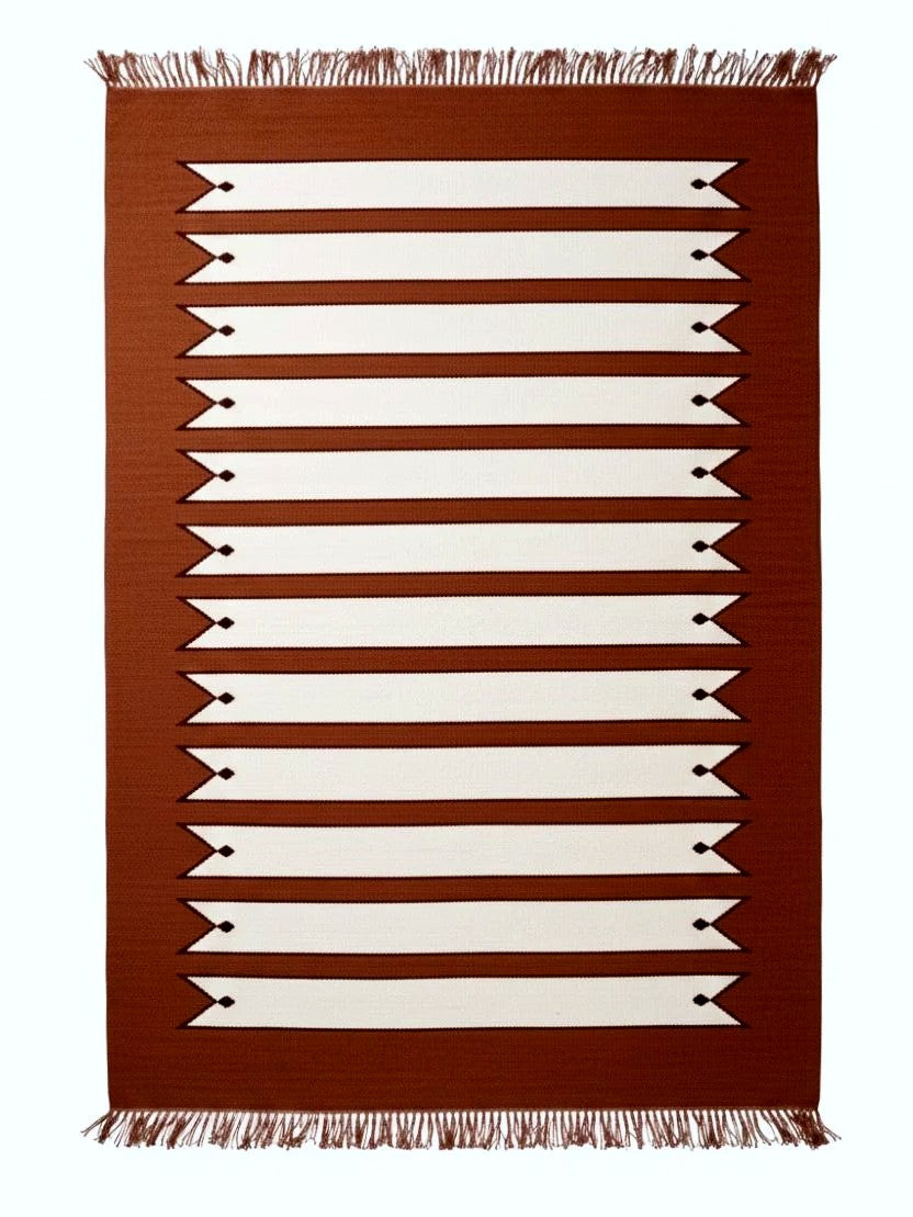 Handwoven striped wool rug, terracotta and ecru