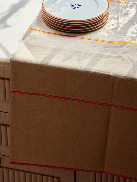 Cotton and linen tablecloth with orange embroidered stripes – view 2